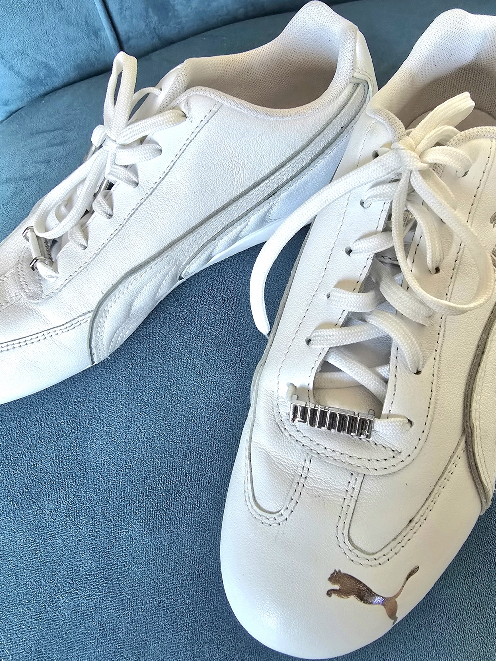 Puma Women's White Leather Speedcat Sneakers with Silver Accents
